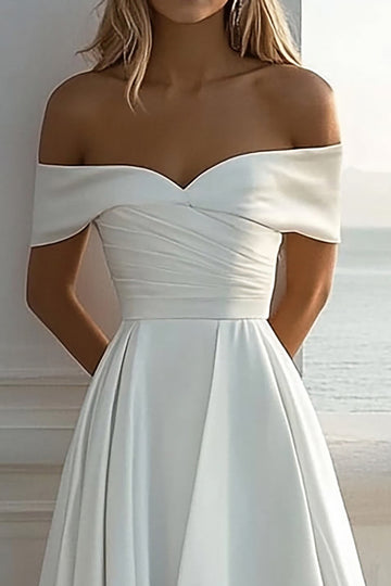 Ivory Off The Shoulder A Line Satin Sweep Train Boho Wedding Dress With Slit